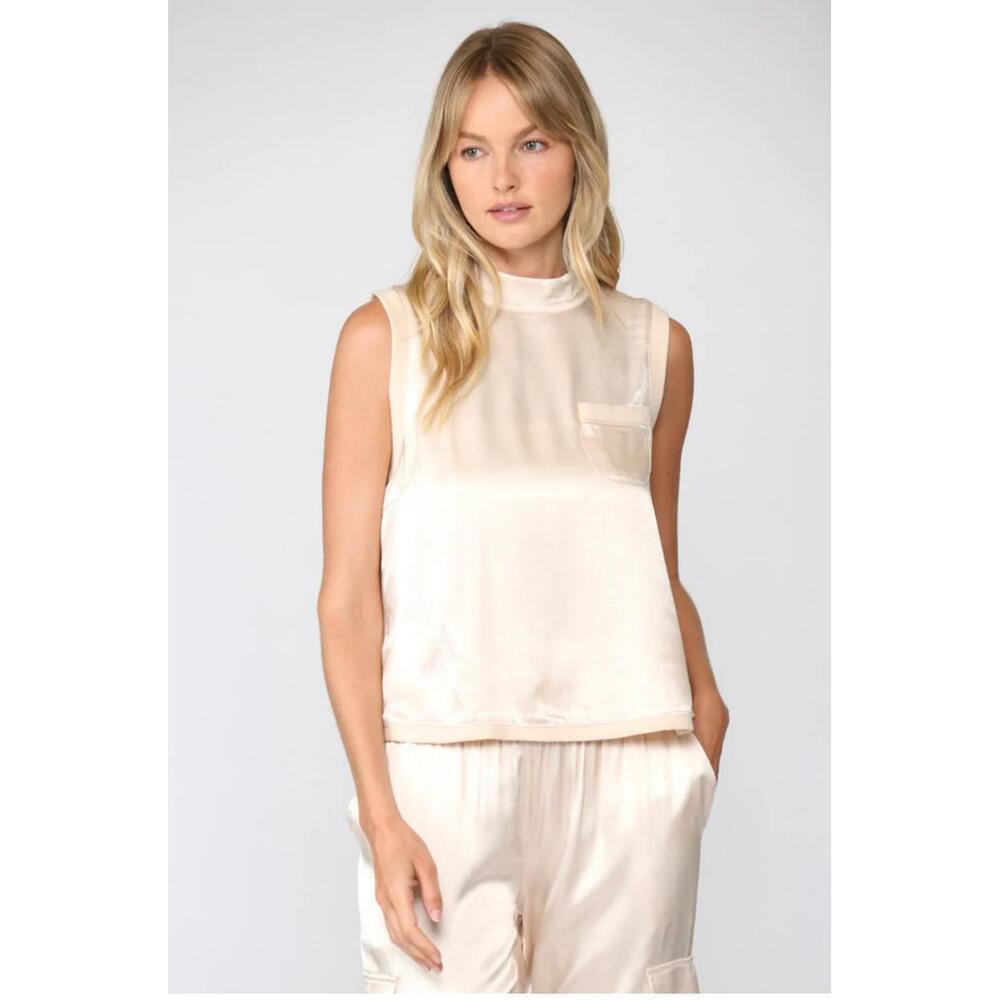 Fate Sleeveless Satin Top With Ribbed Trim Mock Neck Champagne NWT Size‎ S Beige